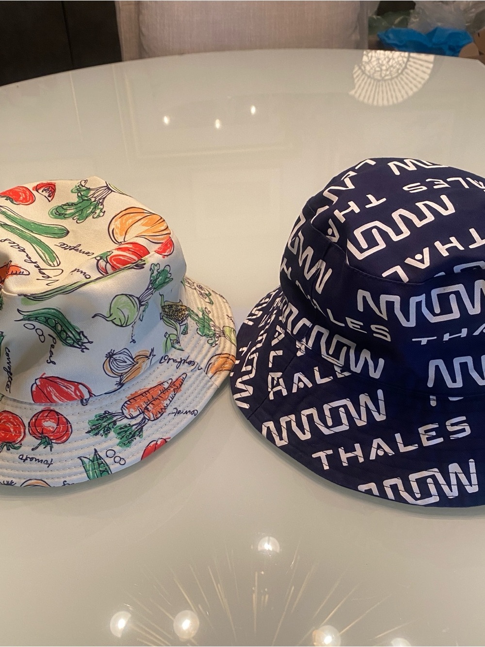 Bundle of 2 Reversible Bucket Hats - Vegetable Print & THALES Navy Typography